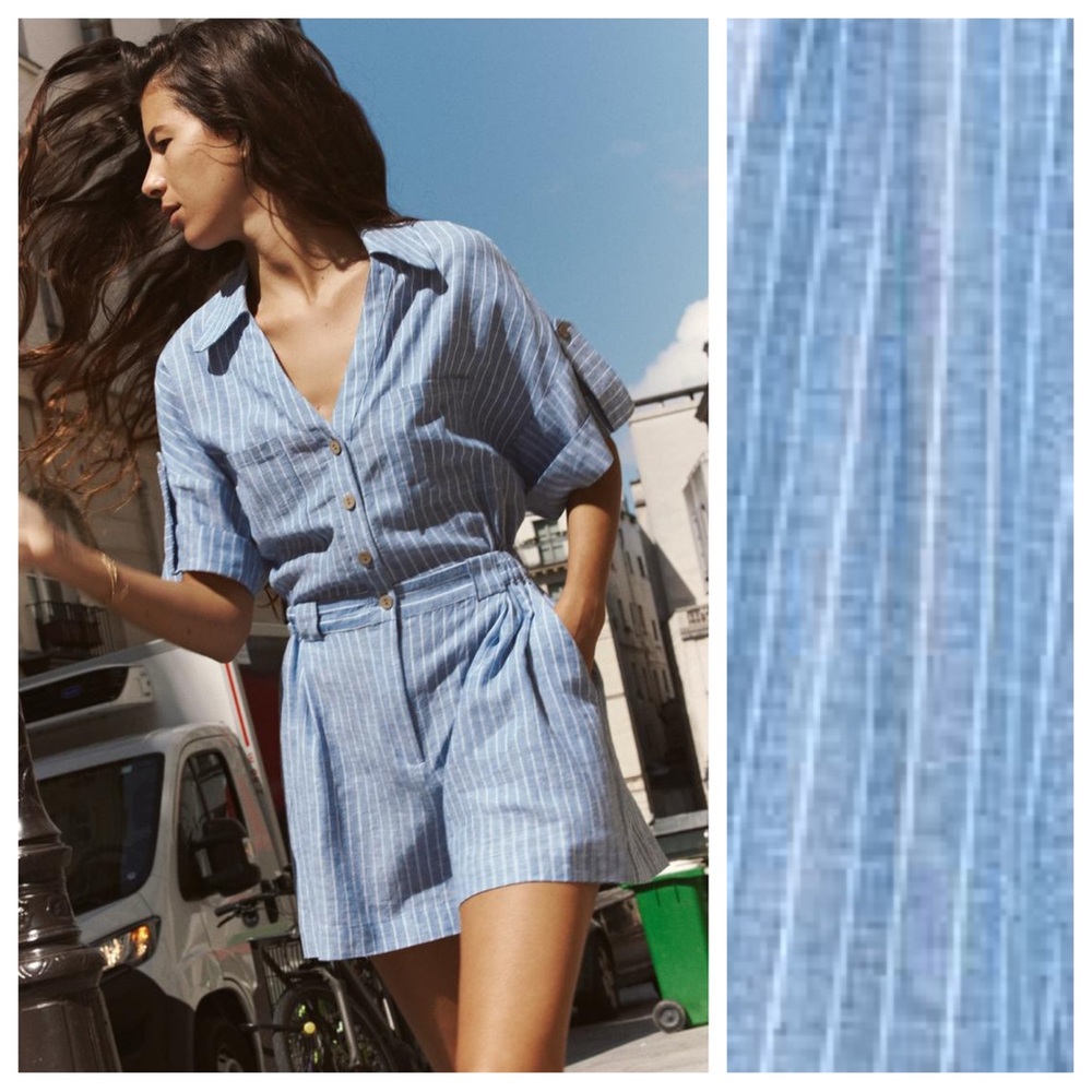 Zara Light Blue Pinstripe Linen Blend Romper